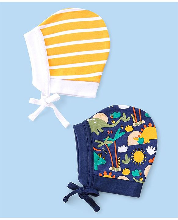 Babyhug 100% Cotton Knit Striped & Dino Printed Caps with Knot Pack of 2 - Navy Blue & Yellow