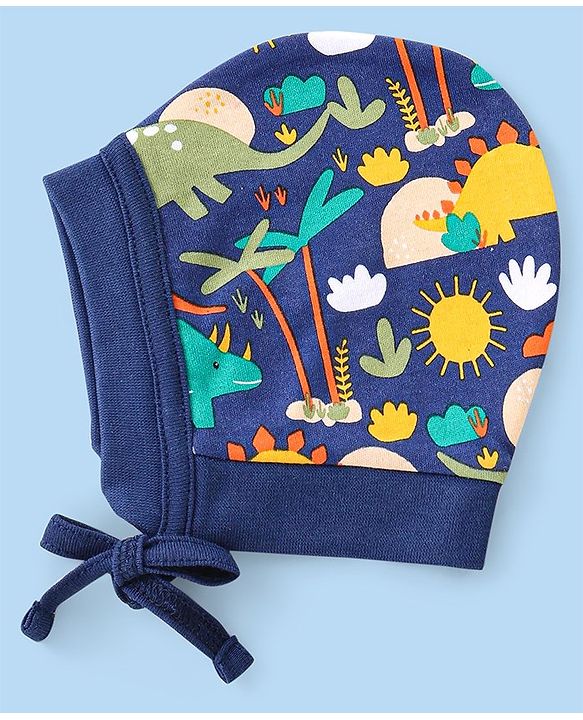 Babyhug 100% Cotton Knit Striped & Dino Printed Caps with Knot Pack of 2 - Navy Blue & Yellow