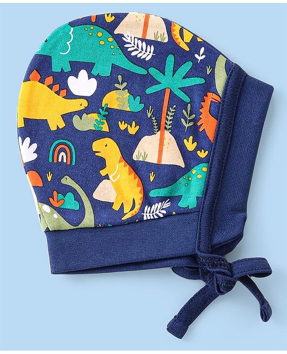 Babyhug 100% Cotton Knit Striped & Dino Printed Caps with Knot Pack of 2 - Navy Blue & Yellow