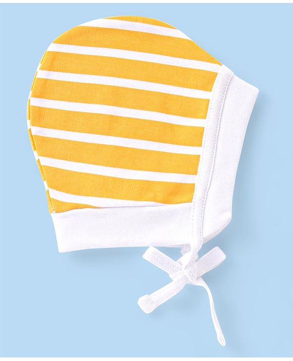 Babyhug 100% Cotton Knit Striped & Dino Printed Caps with Knot Pack of 2 - Navy Blue & Yellow
