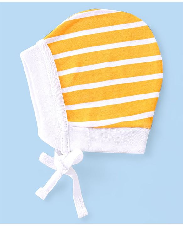 Babyhug 100% Cotton Knit Striped & Dino Printed Caps with Knot Pack of 2 - Navy Blue & Yellow
