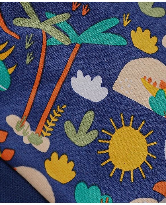 Babyhug 100% Cotton Knit Striped & Dino Printed Caps with Knot Pack of 2 - Navy Blue & Yellow