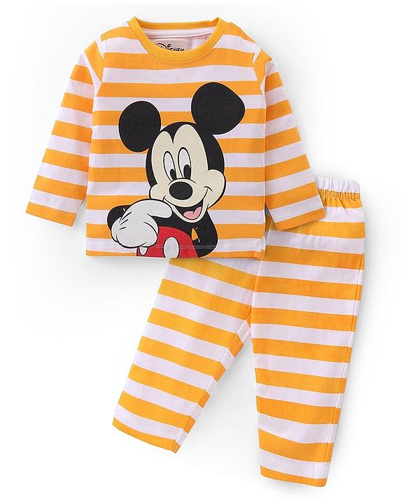 Babyhug Disney Cotton Single Jersey Knit Full Sleeves Night Suit Mickey Mouse Print- Yellow