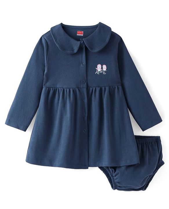 Babyhug Cotton Full Sleeves Peter Pan Collar Neck Frock with Bloomer & Bird Print - Navy Blue