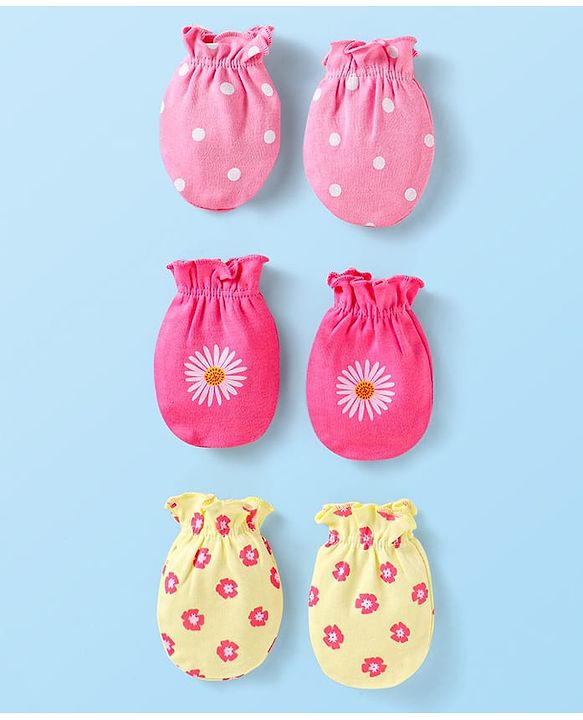 Babyhug Interlock Knit Mittens With Polka Dot & Floral Print Pack of 3 - Pink Yellow & Dark Pink