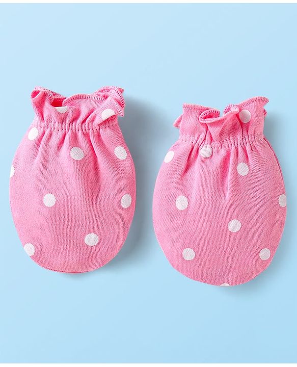 Babyhug Interlock Knit Mittens With Polka Dot & Floral Print Pack of 3 - Pink Yellow & Dark Pink