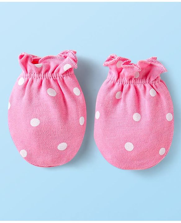 Babyhug Interlock Knit Mittens With Polka Dot & Floral Print Pack of 3 - Pink Yellow & Dark Pink