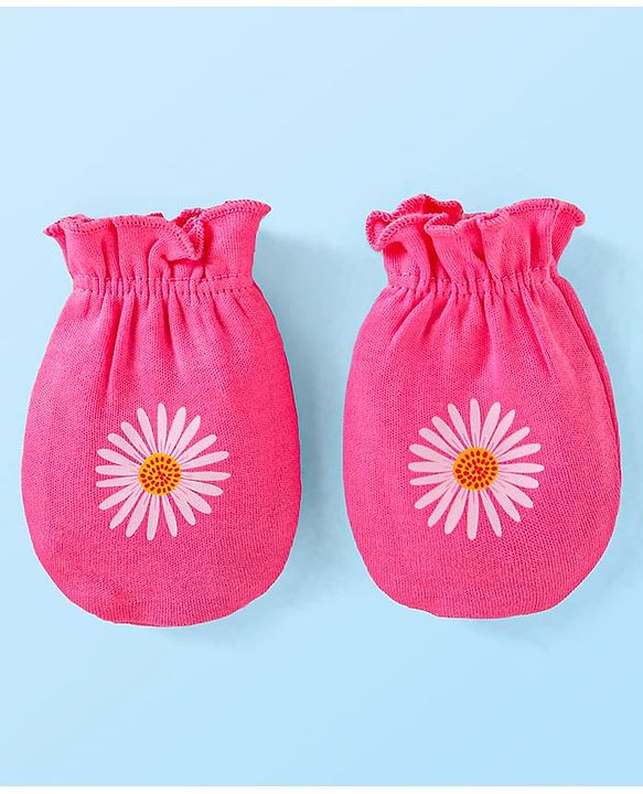 Babyhug Interlock Knit Mittens With Polka Dot & Floral Print Pack of 3 - Pink Yellow & Dark Pink
