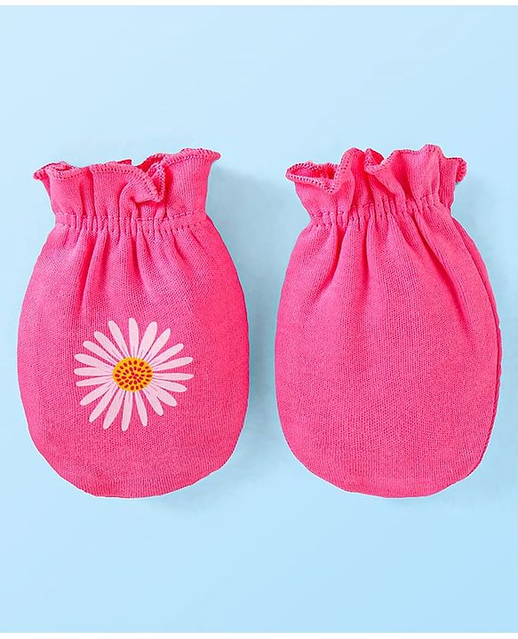 Babyhug Interlock Knit Mittens With Polka Dot & Floral Print Pack of 3 - Pink Yellow & Dark Pink