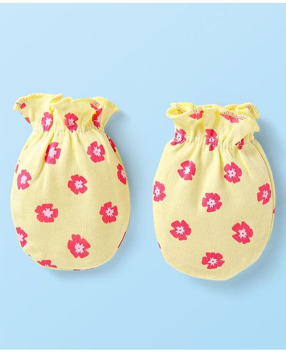 Babyhug Interlock Knit Mittens With Polka Dot & Floral Print Pack of 3 - Pink Yellow & Dark Pink
