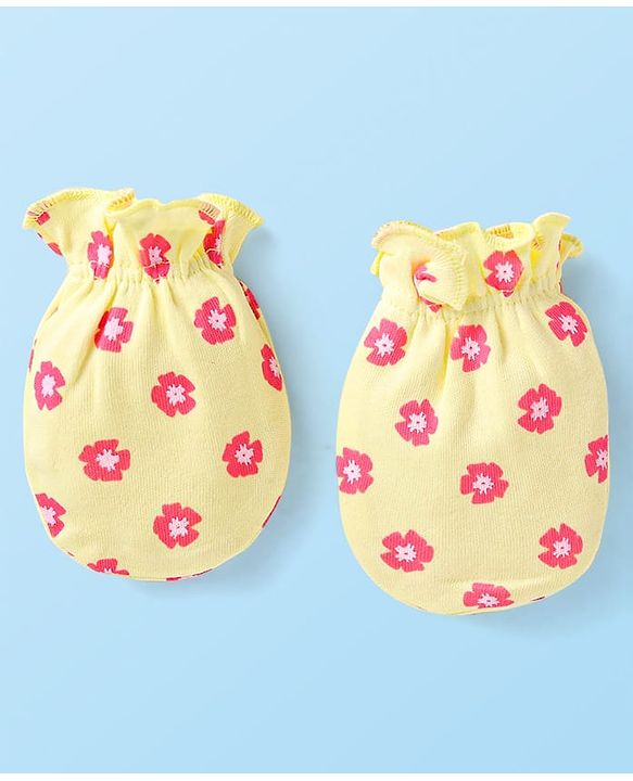 Babyhug Interlock Knit Mittens With Polka Dot & Floral Print Pack of 3 - Pink Yellow & Dark Pink