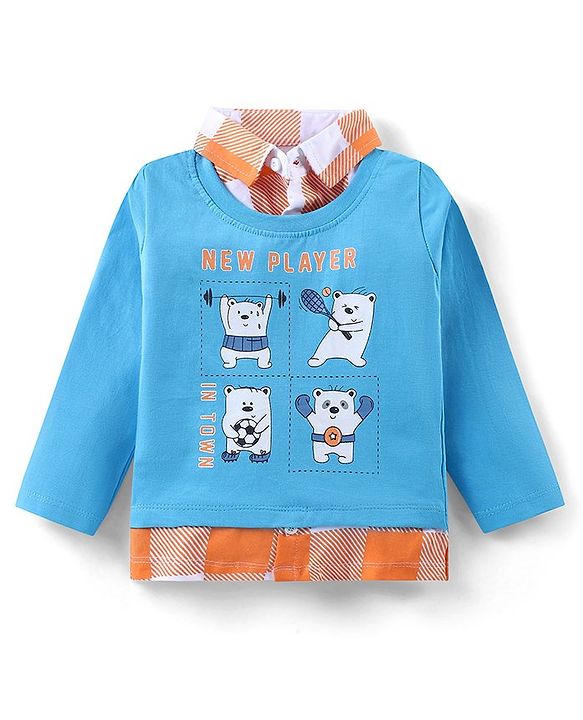 Babyhug Cotton Knit Full Sleeves Overlapped T-Shirt with Bear Print - Blue & Orange