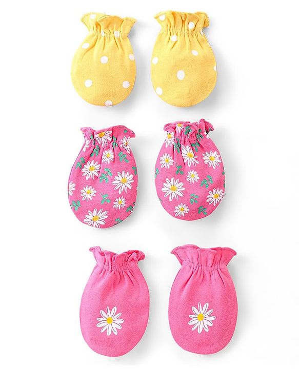 Babyhug Interlock Knit Mittens With Floral & Polka Dot Print Pack of 3 - Yellow & Pink