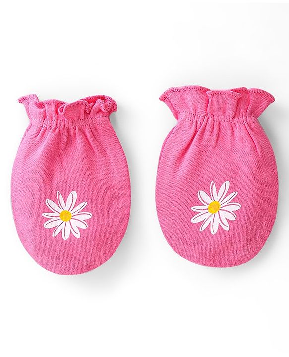Babyhug Interlock Knit Mittens With Floral & Polka Dot Print Pack of 3 - Yellow & Pink