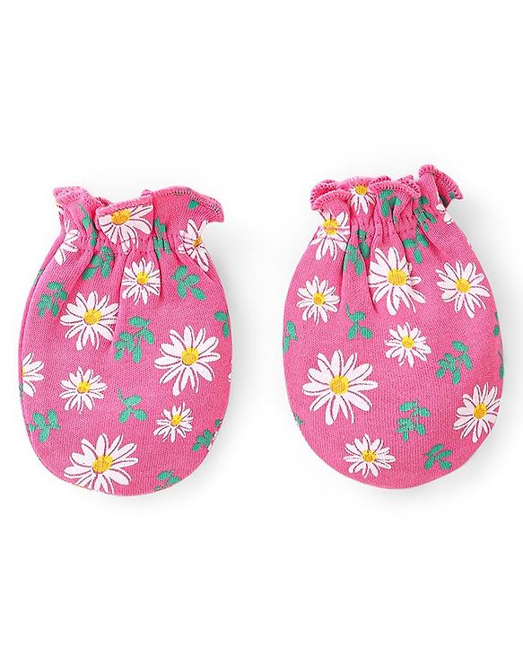 Babyhug Interlock Knit Mittens With Floral & Polka Dot Print Pack of 3 - Yellow & Pink