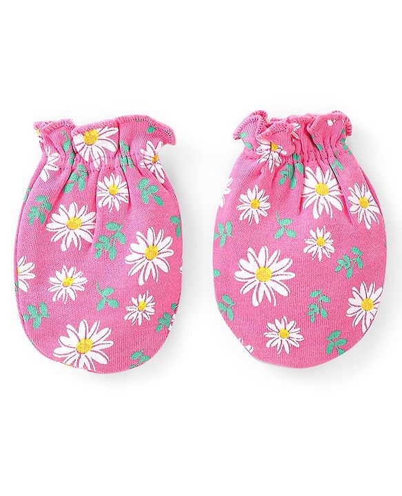 Babyhug Interlock Knit Mittens With Floral & Polka Dot Print Pack of 3 - Yellow & Pink