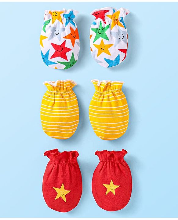 Babyhug Interlock Knit Mittens With Star Print Pack of 3 - White Yellow & Red