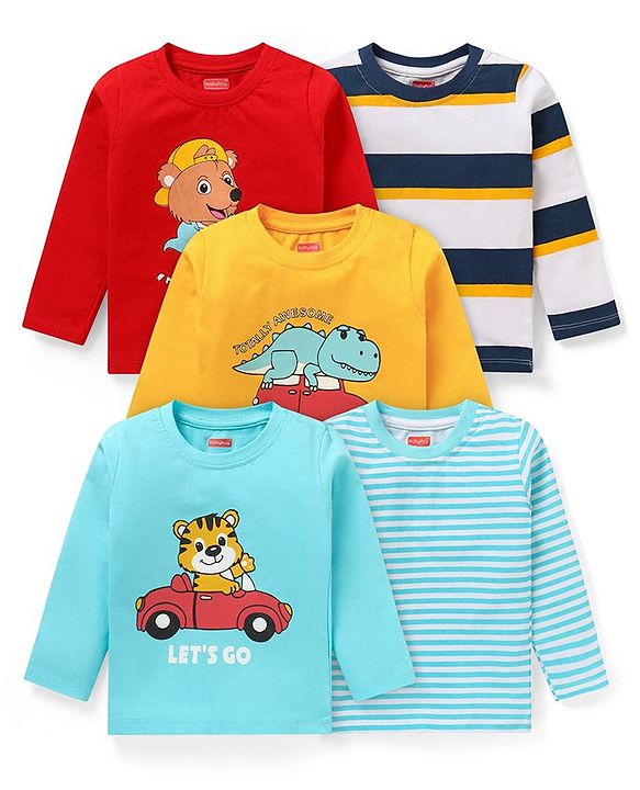 Babyhug Cotton Knit Full Sleeves Striped & Animal Printed T-Shirts Pack of 5 - Red Blue & Yellow