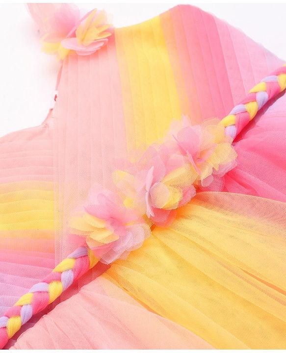 Babyhug Woven Singlet Sleeves Mesh Panelled Party Frock with Pleats & Floral Detailing - Multicolour