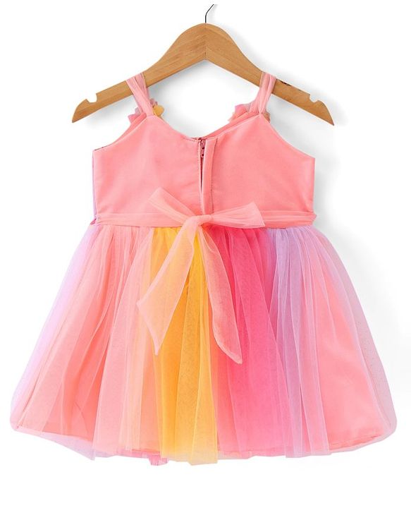 Babyhug Woven Singlet Sleeves Mesh Panelled Party Frock with Pleats & Floral Detailing - Multicolour
