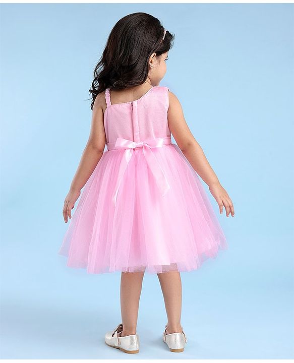 Babyhug Woven Sleeveless Fit & Flared Shimmered Party Frock with Floral Applique & Bow Detailing - Pink