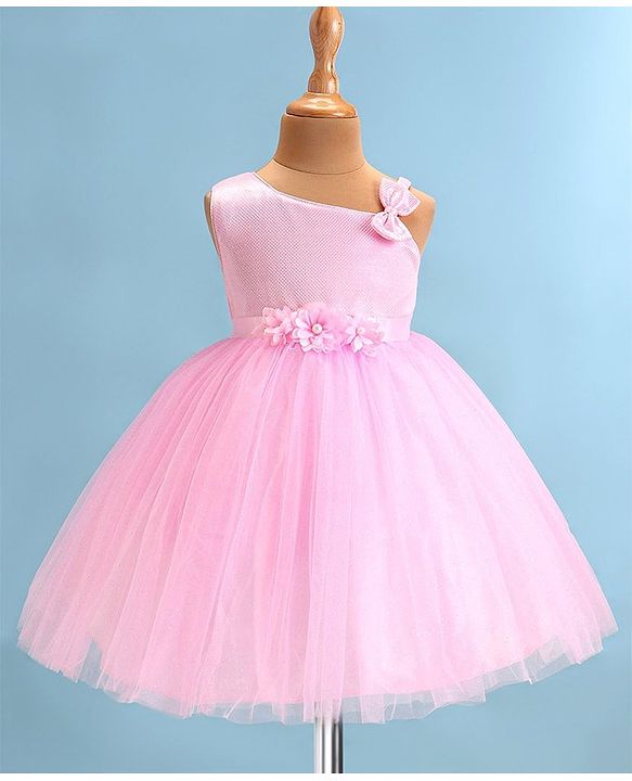 Babyhug Woven Sleeveless Fit & Flared Shimmered Party Frock with Floral Applique & Bow Detailing - Pink
