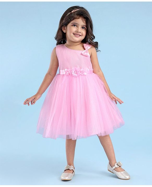 Babyhug Woven Sleeveless Fit & Flared Shimmered Party Frock with Floral Applique & Bow Detailing - Pink