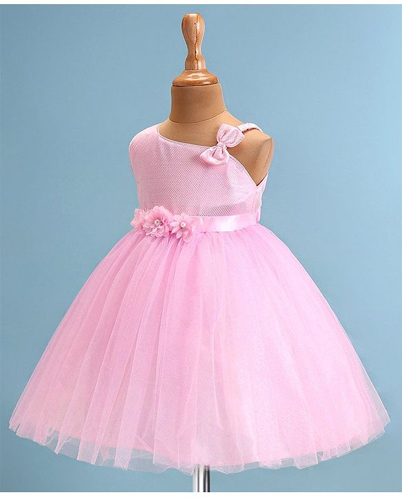 Babyhug Woven Sleeveless Fit & Flared Shimmered Party Frock with Floral Applique & Bow Detailing - Pink