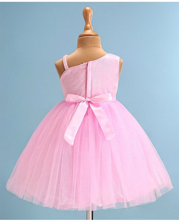 Babyhug Woven Sleeveless Fit & Flared Shimmered Party Frock with Floral Applique & Bow Detailing - Pink