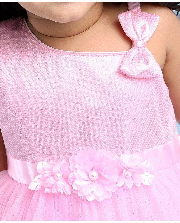 Babyhug Woven Sleeveless Fit & Flared Shimmered Party Frock with Floral Applique & Bow Detailing - Pink