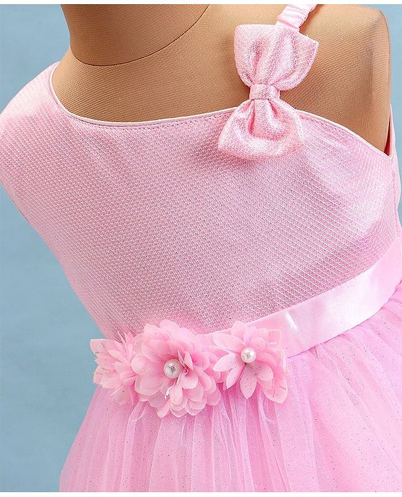 Babyhug Woven Sleeveless Fit & Flared Shimmered Party Frock with Floral Applique & Bow Detailing - Pink