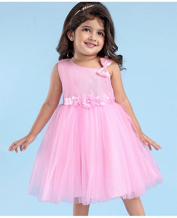 Babyhug Woven Sleeveless Fit & Flared Shimmered Party Frock with Floral Applique & Bow Detailing - Pink