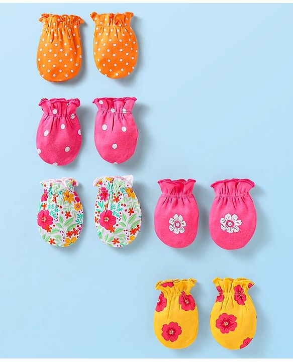 Babyhug Interlock Knit Mittens With Floral & Polka Dot Print Pack of 5 - Orange Dark Pink & Yellow