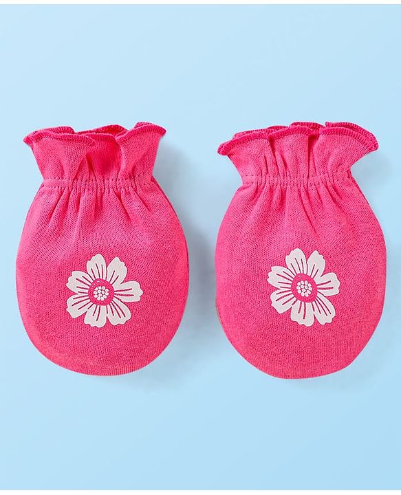 Babyhug Interlock Knit Mittens With Floral & Polka Dot Print Pack of 5 - Orange Dark Pink & Yellow