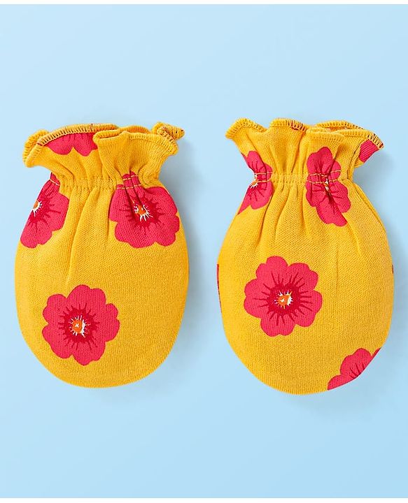 Babyhug Interlock Knit Mittens With Floral & Polka Dot Print Pack of 5 - Orange Dark Pink & Yellow