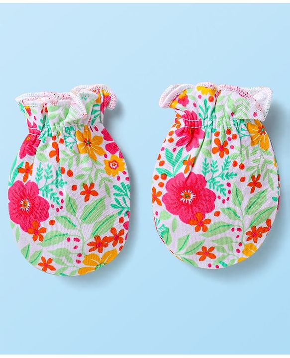 Babyhug Interlock Knit Mittens With Floral & Polka Dot Print Pack of 5 - Orange Dark Pink & Yellow
