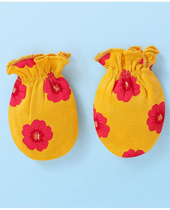 Babyhug Interlock Knit Mittens With Floral & Polka Dot Print Pack of 5 - Orange Dark Pink & Yellow