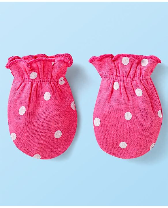 Babyhug Interlock Knit Mittens With Floral & Polka Dot Print Pack of 5 - Orange Dark Pink & Yellow