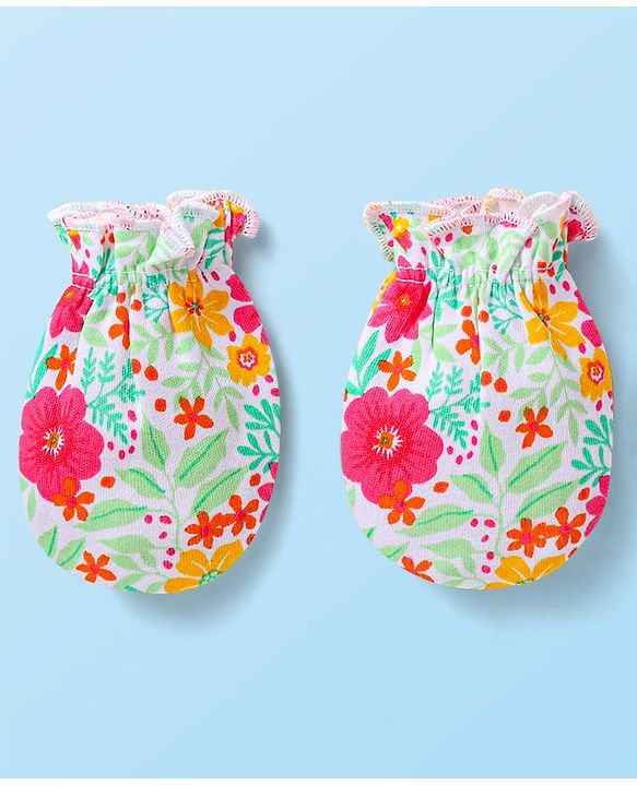 Babyhug Interlock Knit Mittens With Floral & Polka Dot Print Pack of 5 - Orange Dark Pink & Yellow