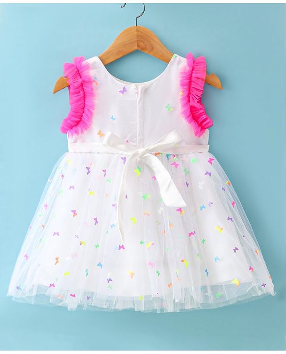 Babyhug Woven Sleeveless Fit & Flared Party Frock with 3D Butterfly Applique - White