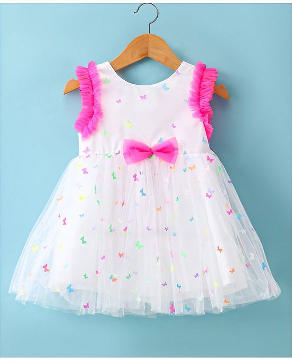 Babyhug Woven Sleeveless Fit & Flared Party Frock with 3D Butterfly Applique - White