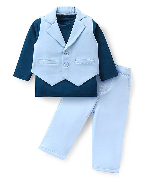 Babyhug Woven Full Sleeves Solid T-Shirt & Trouser Set with Waistcoat -Blue