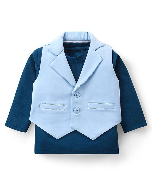Babyhug Woven Full Sleeves Solid T-Shirt & Trouser Set with Waistcoat -Blue