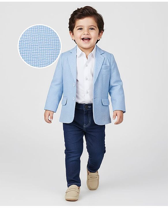 Babyhug Woven Full Sleeves Solid Party Shirt & Jeans Set With Blazer - Light Blue
