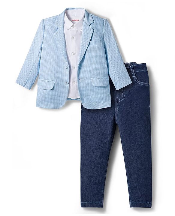 Babyhug Woven Full Sleeves Solid Party Shirt & Jeans Set With Blazer - Light Blue