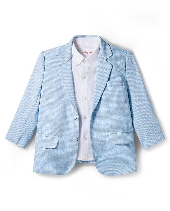 Babyhug Woven Full Sleeves Solid Party Shirt & Jeans Set With Blazer - Light Blue