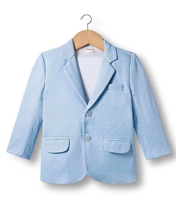 Babyhug Woven Full Sleeves Solid Party Shirt & Jeans Set With Blazer - Light Blue