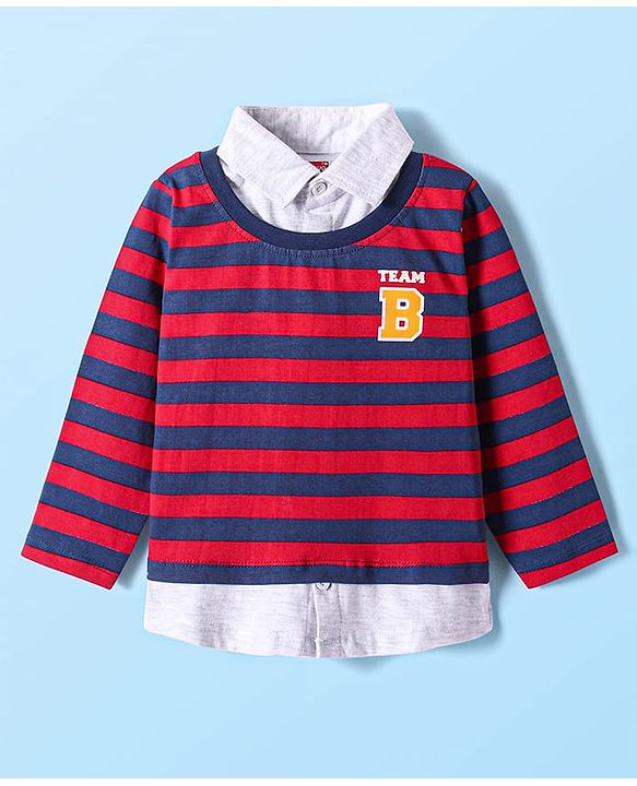 Babyhug Cotton Knit Full Sleeves Striped Polo T-Shirt With Text Print & Overlapped Design - Red