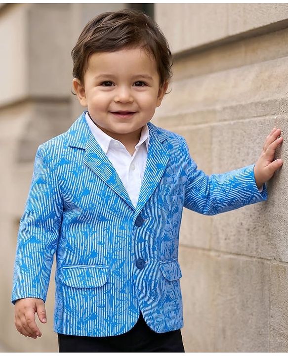 Babyhug Knitted Full Sleeves Party Wear Printed Blazer - Blue