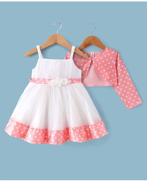 Babyhug Woven Dress With Full Sleeves Shrug Polka Dots Print - White & Peach